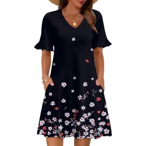 imageZeagoo Summer Casual Dresses for Women A Line Sun Dress Ruffle Short Sleeve V Neck Floral Tshirt Dress with PocketsBlack Floralprinted