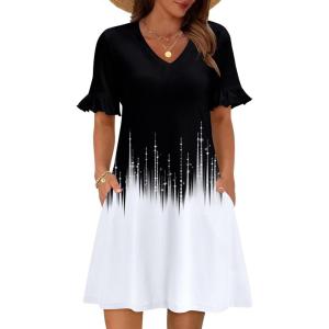 imageZeagoo Summer Casual Dresses for Women A Line Sun Dress Ruffle Short Sleeve V Neck Floral Tshirt Dress with PocketsBlack White Printed
