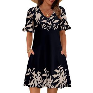 imageZeagoo Summer Casual Dresses for Women A Line Sun Dress Ruffle Short Sleeve V Neck Floral Tshirt Dress with PocketsBlackprinted