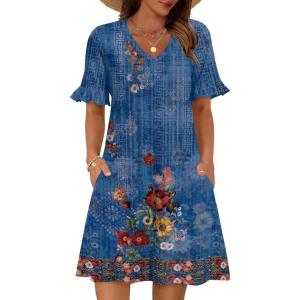 imageZeagoo Summer Casual Dresses for Women A Line Sun Dress Ruffle Short Sleeve V Neck Floral Tshirt Dress with PocketsBlue Floralprinted