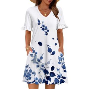 imageZeagoo Summer Casual Dresses for Women A Line Sun Dress Ruffle Short Sleeve V Neck Floral Tshirt Dress with PocketsBlue Whiteprint