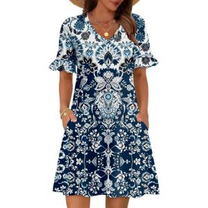imageZeagoo Summer Casual Dresses for Women A Line Sun Dress Ruffle Short Sleeve V Neck Floral Tshirt Dress with PocketsBohoprinted