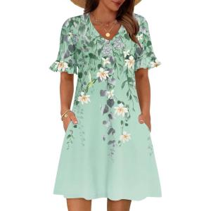 imageZeagoo Summer Casual Dresses for Women A Line Sun Dress Ruffle Short Sleeve V Neck Floral Tshirt Dress with PocketsFloral Printed2