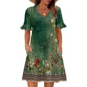 imageZeagoo Summer Casual Dresses for Women A Line Sun Dress Ruffle Short Sleeve V Neck Floral Tshirt Dress with PocketsGreen Floral