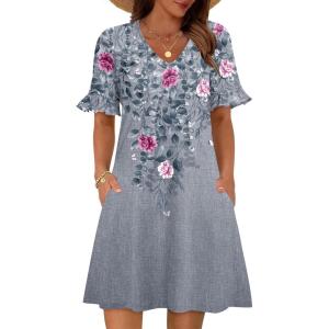 imageZeagoo Summer Casual Dresses for Women A Line Sun Dress Ruffle Short Sleeve V Neck Floral Tshirt Dress with PocketsGrey Red Floral