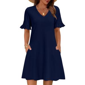imageZeagoo Summer Casual Dresses for Women A Line Sun Dress Ruffle Short Sleeve V Neck Floral Tshirt Dress with PocketsNavy Blue