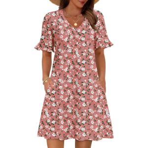 imageZeagoo Summer Casual Dresses for Women A Line Sun Dress Ruffle Short Sleeve V Neck Floral Tshirt Dress with PocketsPink Floral
