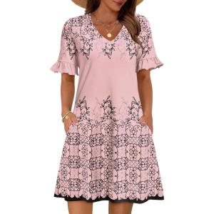 imageZeagoo Summer Casual Dresses for Women A Line Sun Dress Ruffle Short Sleeve V Neck Floral Tshirt Dress with PocketsPinkprinted