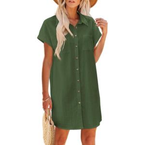 imageZeagoo Summer Dresses for Women 2025 Cotton Button Down Short Sleeve Tshirt Dresses Casual Mini Beach DressArmy Green