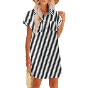 imageZeagoo Summer Dresses for Women 2025 Cotton Button Down Short Sleeve Tshirt Dresses Casual Mini Beach DressBlackwhite Stripe 02
