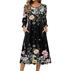 imageZeagoo Summer Dresses for Women 2026 34 Sleeve Dress for Women Floral Midi Dresses for Casual Womens Dresses with PocketsFloralwf120