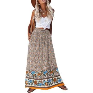 imageZeagoo Womens 2026 Boho Floral Skirt Casual Elastic High Waist Maxi Skirts Flowy A Line Beach Long Skirt with Side PocketsApricot