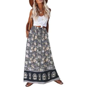 imageZeagoo Womens 2026 Boho Floral Skirt Casual Elastic High Waist Maxi Skirts Flowy A Line Beach Long Skirt with Side PocketsBlack Floral