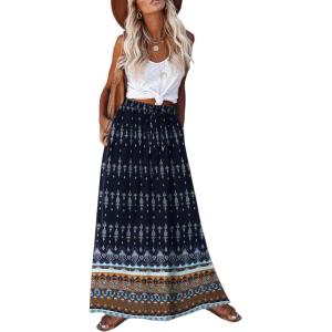 imageZeagoo Womens 2026 Boho Floral Skirt Casual Elastic High Waist Maxi Skirts Flowy A Line Beach Long Skirt with Side PocketsBlack Navy