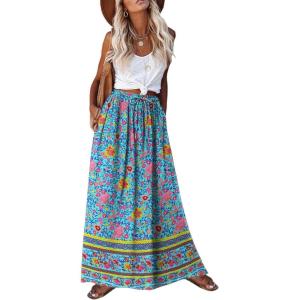 imageZeagoo Womens 2026 Boho Floral Skirt Casual Elastic High Waist Maxi Skirts Flowy A Line Beach Long Skirt with Side PocketsBlue Pa29