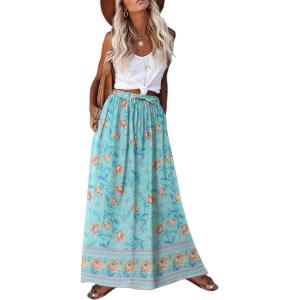 imageZeagoo Womens 2026 Boho Floral Skirt Casual Elastic High Waist Maxi Skirts Flowy A Line Beach Long Skirt with Side PocketsLight Blue