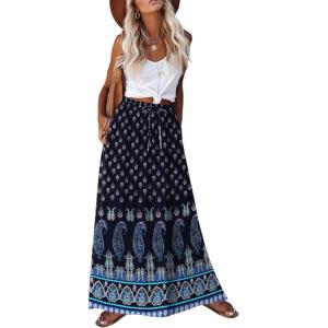 imageZeagoo Womens 2026 Boho Floral Skirt Casual Elastic High Waist Maxi Skirts Flowy A Line Beach Long Skirt with Side PocketsNavy Blue