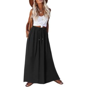 imageZeagoo Womens 2026 Boho Floral Skirt Casual Elastic High Waist Maxi Skirts Flowy A Line Beach Long Skirt with Side PocketsSolid Black