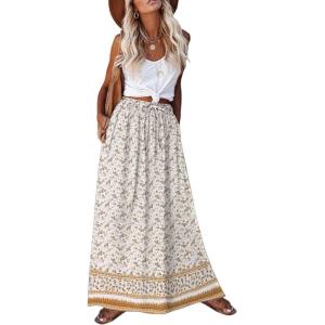 imageZeagoo Womens 2026 Boho Floral Skirt Casual Elastic High Waist Maxi Skirts Flowy A Line Beach Long Skirt with Side PocketsWhite