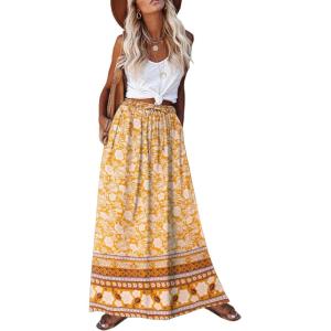 imageZeagoo Womens 2026 Boho Floral Skirt Casual Elastic High Waist Maxi Skirts Flowy A Line Beach Long Skirt with Side PocketsYellow Floral