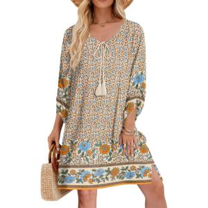 imageZeagoo Womens Boho Dresses Casual Beach Summer Dress Tassel Tie Neck 34 Long Sleeve Mini Sundress 2026 Floral Print Cover Up01 Apricot