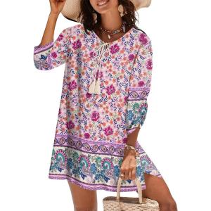 imageZeagoo Womens Boho Dresses Casual Beach Summer Dress Tassel Tie Neck 34 Long Sleeve Mini Sundress 2026 Floral Print Cover Up03 Apricot
