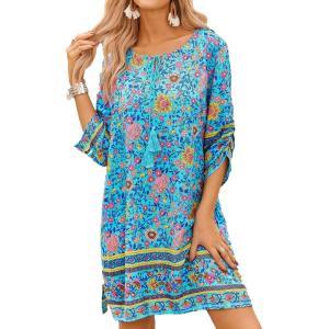 imageZeagoo Womens Boho Dresses Casual Beach Summer Dress Tassel Tie Neck 34 Long Sleeve Mini Sundress 2026 Floral Print Cover UpBlue Floral 01