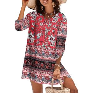 imageZeagoo Womens Boho Dresses Casual Beach Summer Dress Tassel Tie Neck 34 Long Sleeve Mini Sundress 2026 Floral Print Cover UpRed