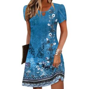 imageZeagoo Womens Casual ALine Dresses with Pockets Summer Floral Tshirt Dress Short Sleeve Mini Dress Flowy SundressesBlue Floral2