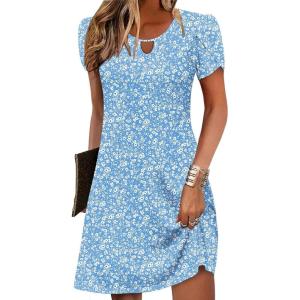 imageZeagoo Womens Casual ALine Dresses with Pockets Summer Floral Tshirt Dress Short Sleeve Mini Dress Flowy SundressesBlue White Floral