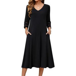 imageZeagoo Womens Dresses 34 Sleeve Summer Casual VNeck A Line Flowy Eyelet Midi Dress for Women Beach Vacation Sundress01black