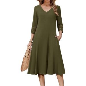imageZeagoo Womens Dresses 34 Sleeve Summer Casual VNeck A Line Flowy Eyelet Midi Dress for Women Beach Vacation SundressArmy Green