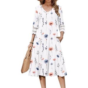imageZeagoo Womens Dresses 34 Sleeve Summer Casual VNeck A Line Flowy Eyelet Midi Dress for Women Beach Vacation SundressDh950