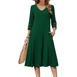 imageZeagoo Womens Dresses 34 Sleeve Summer Casual VNeck A Line Flowy Eyelet Midi Dress for Women Beach Vacation SundressGreen