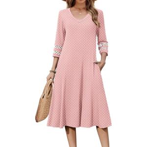 imageZeagoo Womens Dresses 34 Sleeve Summer Casual VNeck A Line Flowy Eyelet Midi Dress for Women Beach Vacation SundressJh1