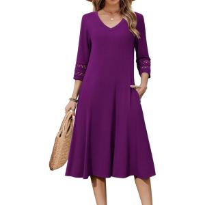 imageZeagoo Womens Dresses 34 Sleeve Summer Casual VNeck A Line Flowy Eyelet Midi Dress for Women Beach Vacation SundressPurple