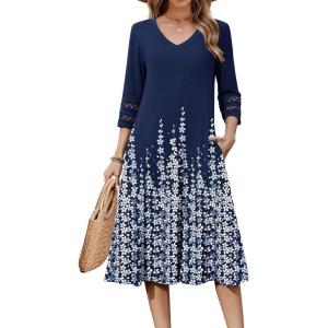 imageZeagoo Womens Dresses 34 Sleeve Summer Casual VNeck A Line Flowy Eyelet Midi Dress for Women Beach Vacation SundressSf119