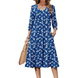 imageZeagoo Womens Dresses 34 Sleeve Summer Casual VNeck A Line Flowy Eyelet Midi Dress for Women Beach Vacation SundressSp108