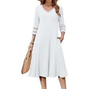 imageZeagoo Womens Dresses 34 Sleeve Summer Casual VNeck A Line Flowy Eyelet Midi Dress for Women Beach Vacation SundressWhite
