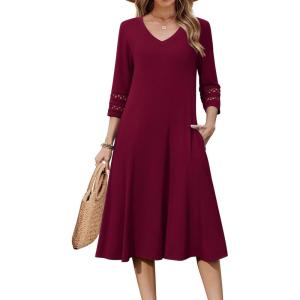 imageZeagoo Womens Dresses 34 Sleeve Summer Casual VNeck A Line Flowy Eyelet Midi Dress for Women Beach Vacation SundressWine Red