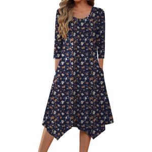 imageZeagoo Womens Midi Dresses 34 Sleeve Casual Dresses with Pockets 2025 Winter Dress A Line Loose Swing Tshirt DressBlue Floral