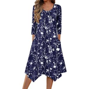 imageZeagoo Womens Midi Dresses 34 Sleeve Casual Dresses with Pockets 2025 Winter Dress A Line Loose Swing Tshirt DressBlue Flower