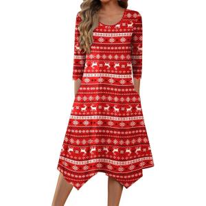 imageZeagoo Womens Midi Dresses 34 Sleeve Casual Dresses with Pockets 2025 Winter Dress A Line Loose Swing Tshirt DressChristmas Elk