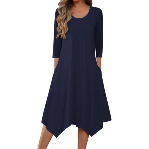 imageZeagoo Womens Midi Dresses 34 Sleeve Casual Dresses with Pockets 2025 Winter Dress A Line Loose Swing Tshirt DressDark Blue