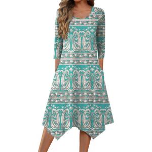 imageZeagoo Womens Midi Dresses 34 Sleeve Casual Dresses with Pockets 2025 Winter Dress A Line Loose Swing Tshirt DressEthnic Green Apricot