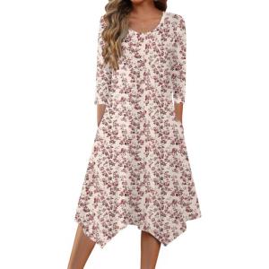 imageZeagoo Womens Midi Dresses 34 Sleeve Casual Dresses with Pockets 2025 Winter Dress A Line Loose Swing Tshirt DressFloral Apricot