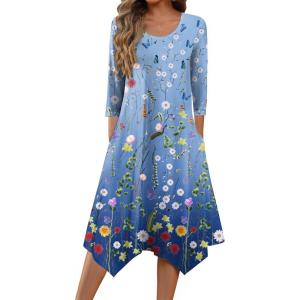 imageZeagoo Womens Midi Dresses 34 Sleeve Casual Dresses with Pockets 2025 Winter Dress A Line Loose Swing Tshirt DressGradient Blue