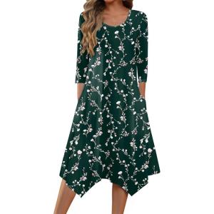 imageZeagoo Womens Midi Dresses 34 Sleeve Casual Dresses with Pockets 2025 Winter Dress A Line Loose Swing Tshirt DressGreen Printing