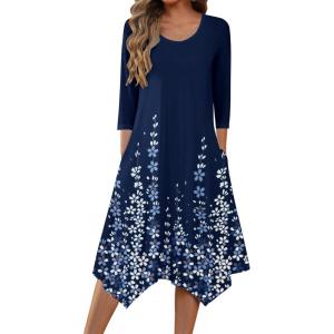 imageZeagoo Womens Midi Dresses 34 Sleeve Casual Dresses with Pockets 2025 Winter Dress A Line Loose Swing Tshirt DressNavy Blue Floral