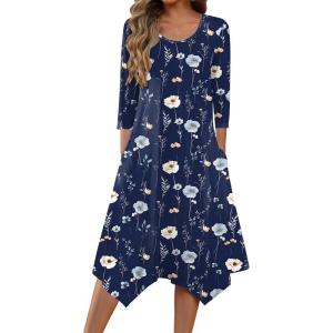 imageZeagoo Womens Midi Dresses 34 Sleeve Casual Dresses with Pockets 2025 Winter Dress A Line Loose Swing Tshirt DressNavy Flower